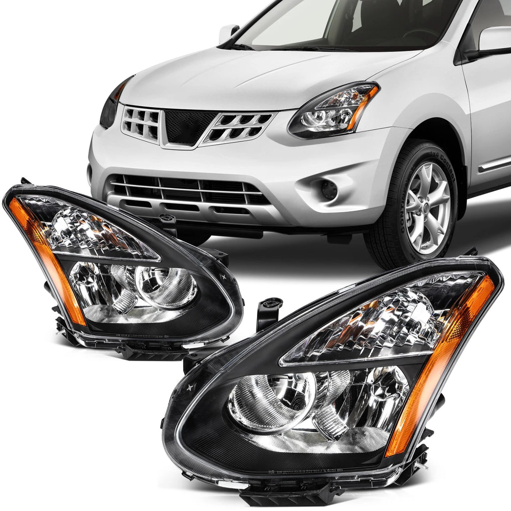 2X Headlight Assembly for Nissan Rogue (2012–2015) - Black Amber