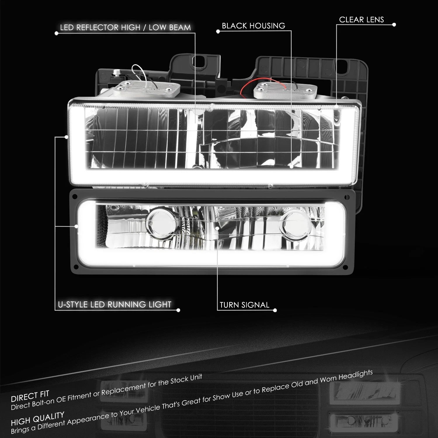 U-Shape LED DRL Headlight & Bumper Turn Signal Lamps for Chevy GMC C/K (1988–2000)