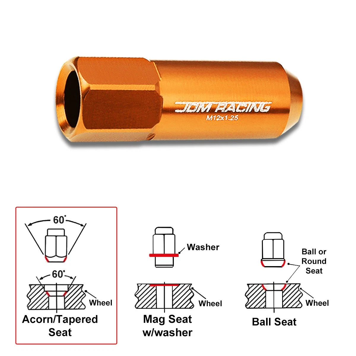 20Pc M12X1.25 Orange JDM Open-End Acorn Hex Wheel Lug Nuts + Extension 25mmx60mm