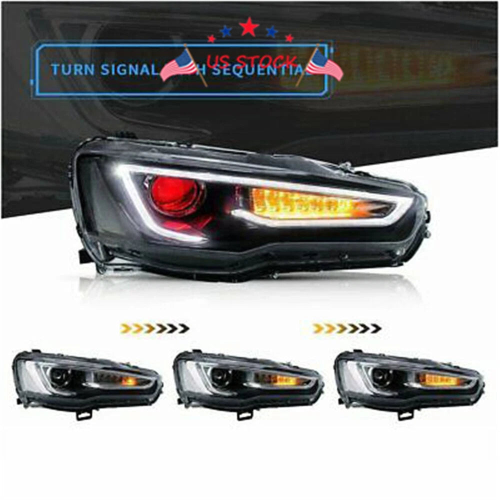 2X LED Headlights for Mitsubishi Lancer & EVO X (2008-2017) Red Eye DRL