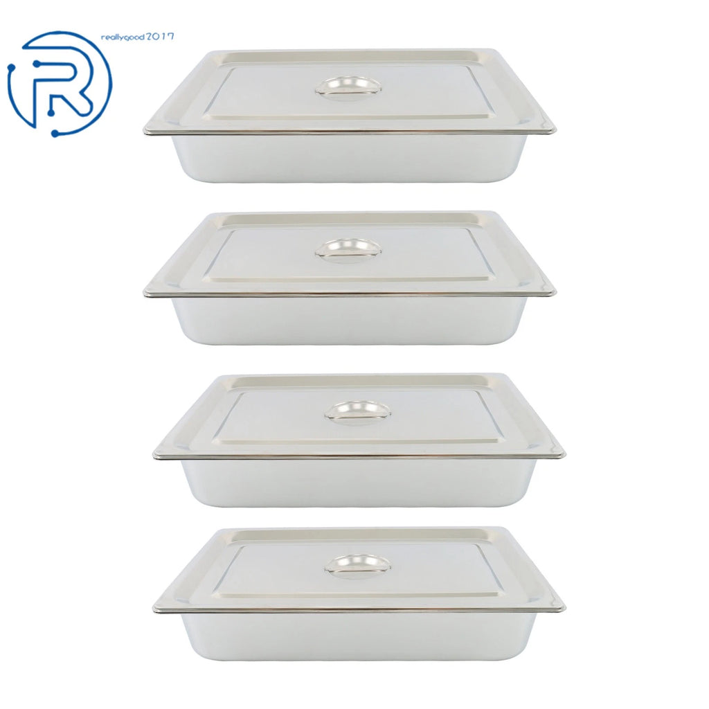 Set of 4 Full Size Hotel Pans 4" Deep with Lids Stainless Steel