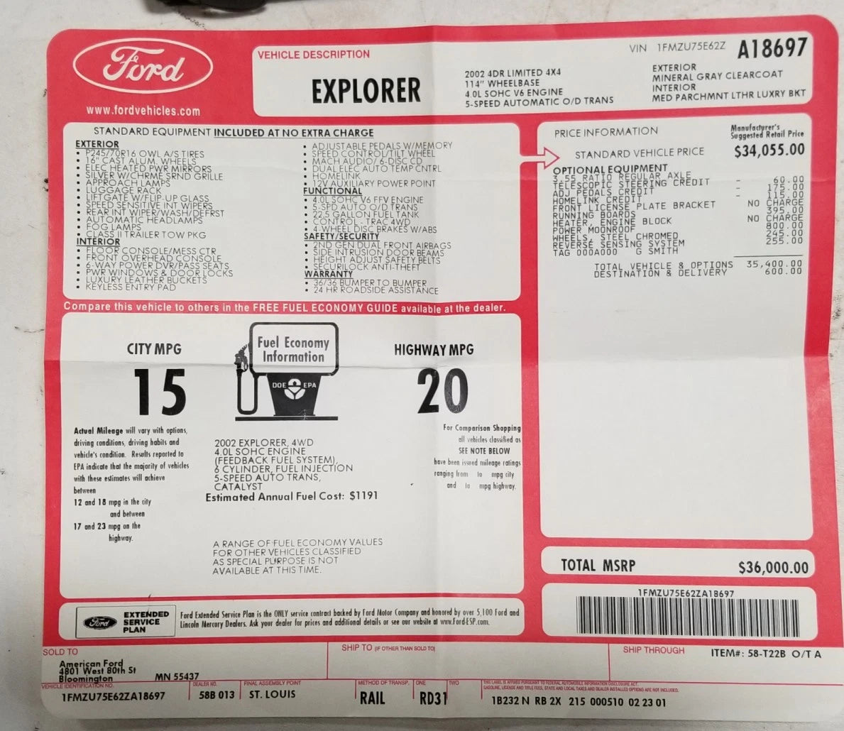 Window Sticker for Ford Explorer Limited 4x4 (2002)