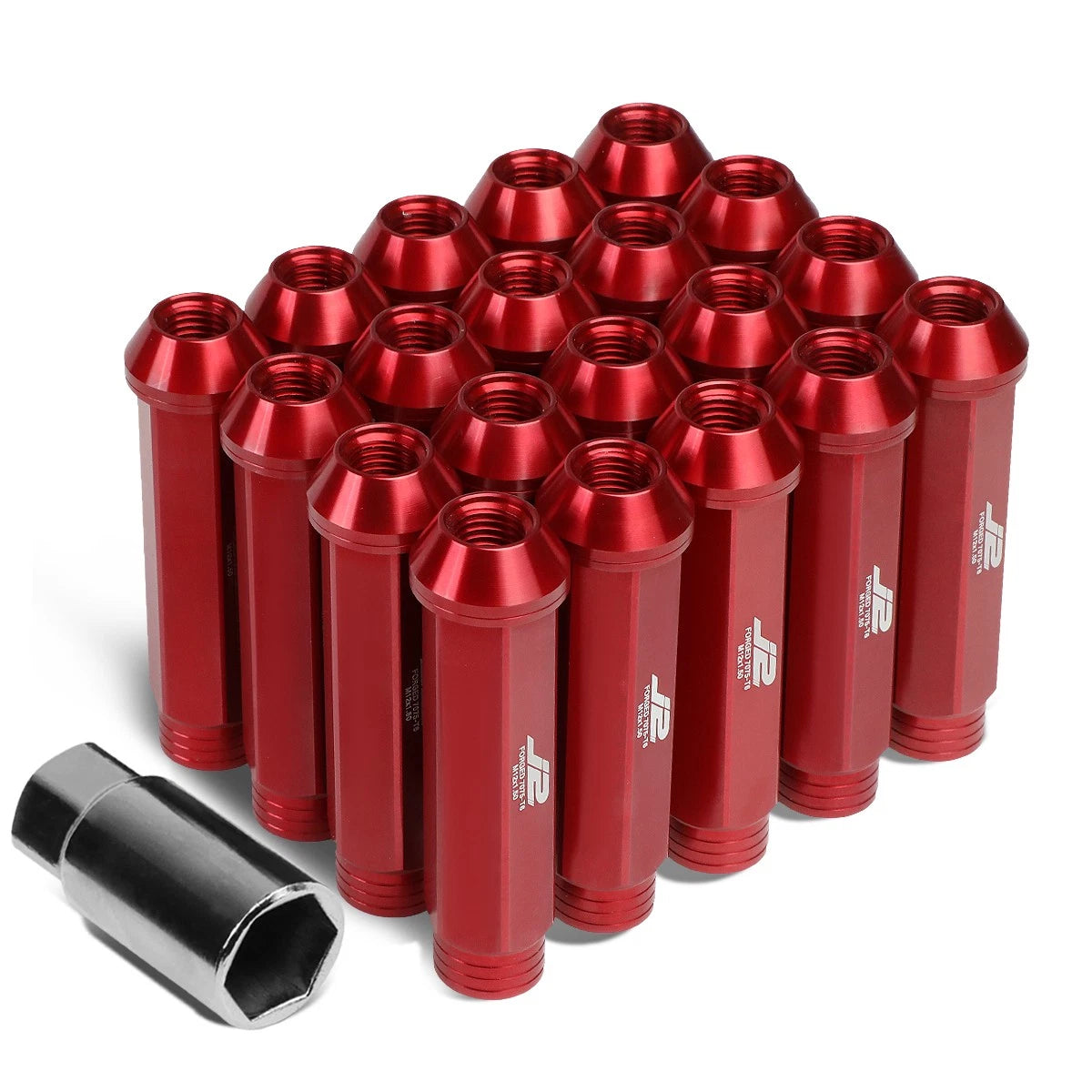 Set of 20 J2 7075 Forged Aluminum M12x1.5 Open-End Lug Nuts w/Adapter Red