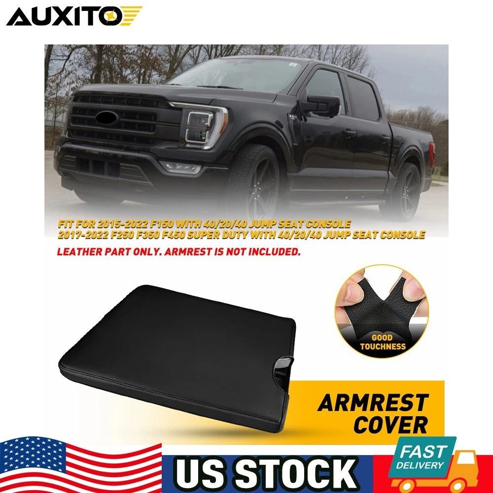 Black Leather Console Lid Armrest Cover for Ford F250 F350 F450 (2017–2019)