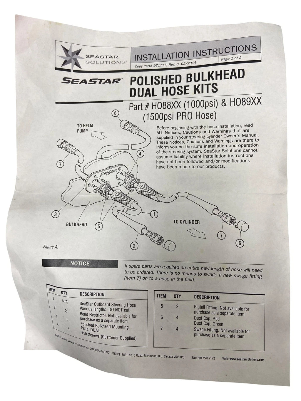 2X Seastar HO8818 Double Bulkhead Hose Kit for Marine Applications (OEM)