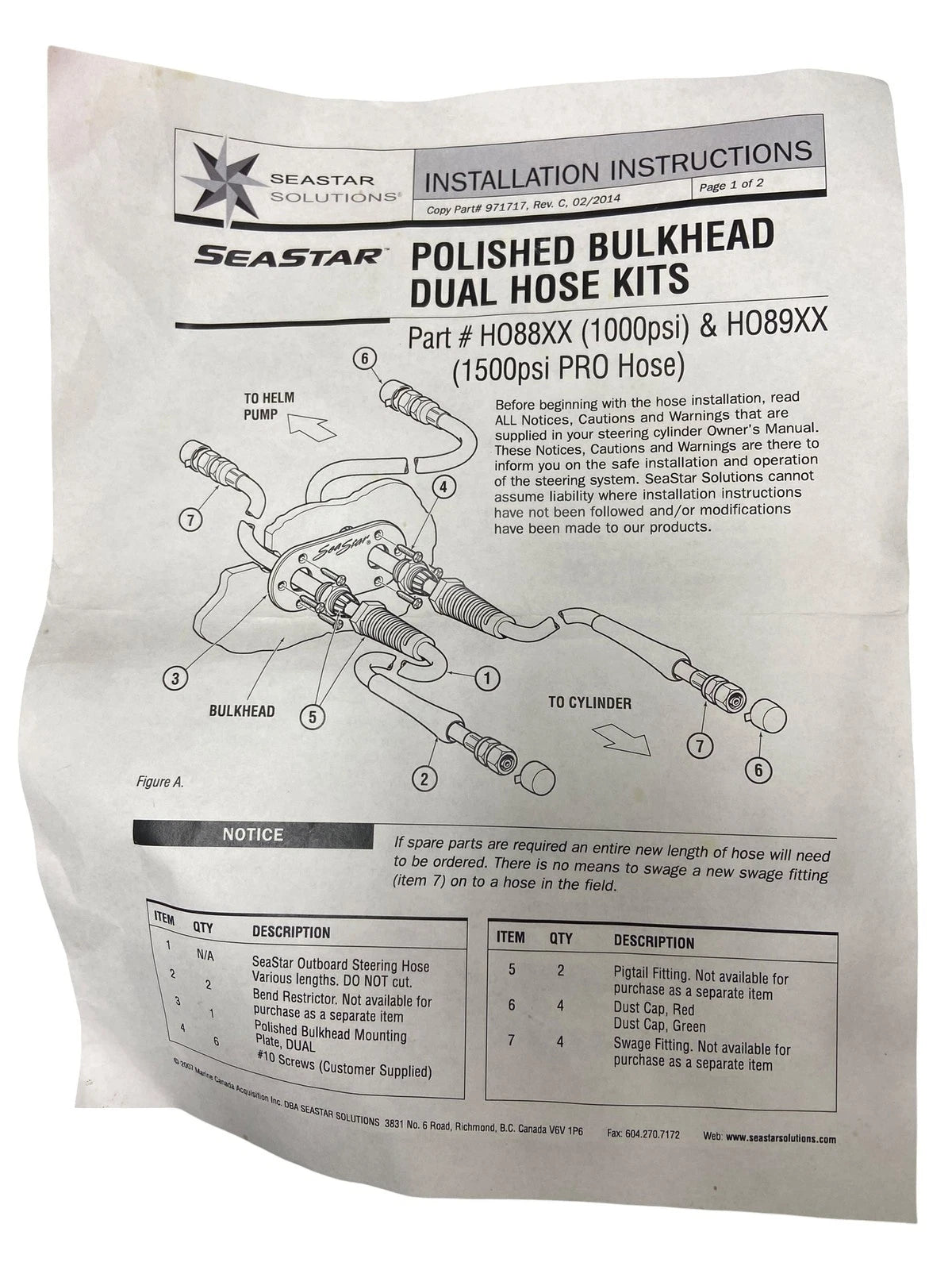 2X Seastar HO8818 Double Bulkhead Hose Kit for Marine Applications (OEM)