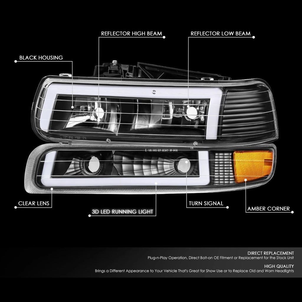 C-Shape LED DRL Headlights + Bumper Lamps for Silverado Suburban Tahoe (1999–2006)