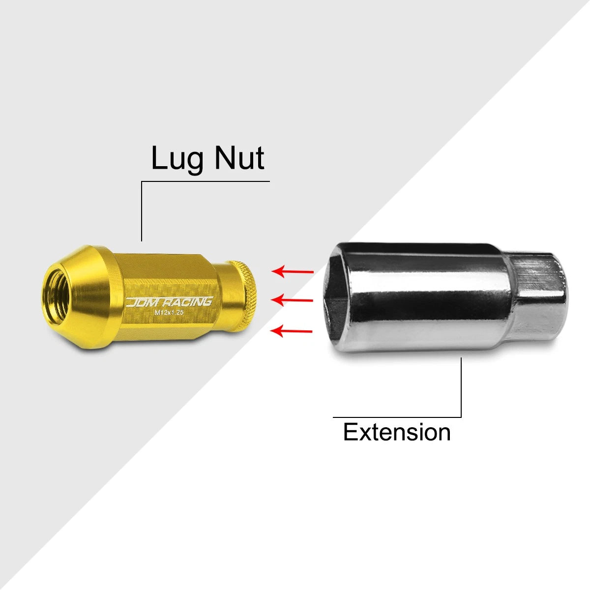 20Pc M12X1.25 Gold JDM Open-End Acorn Hex Wheel Lug Nuts + Extension 25mmx50mm