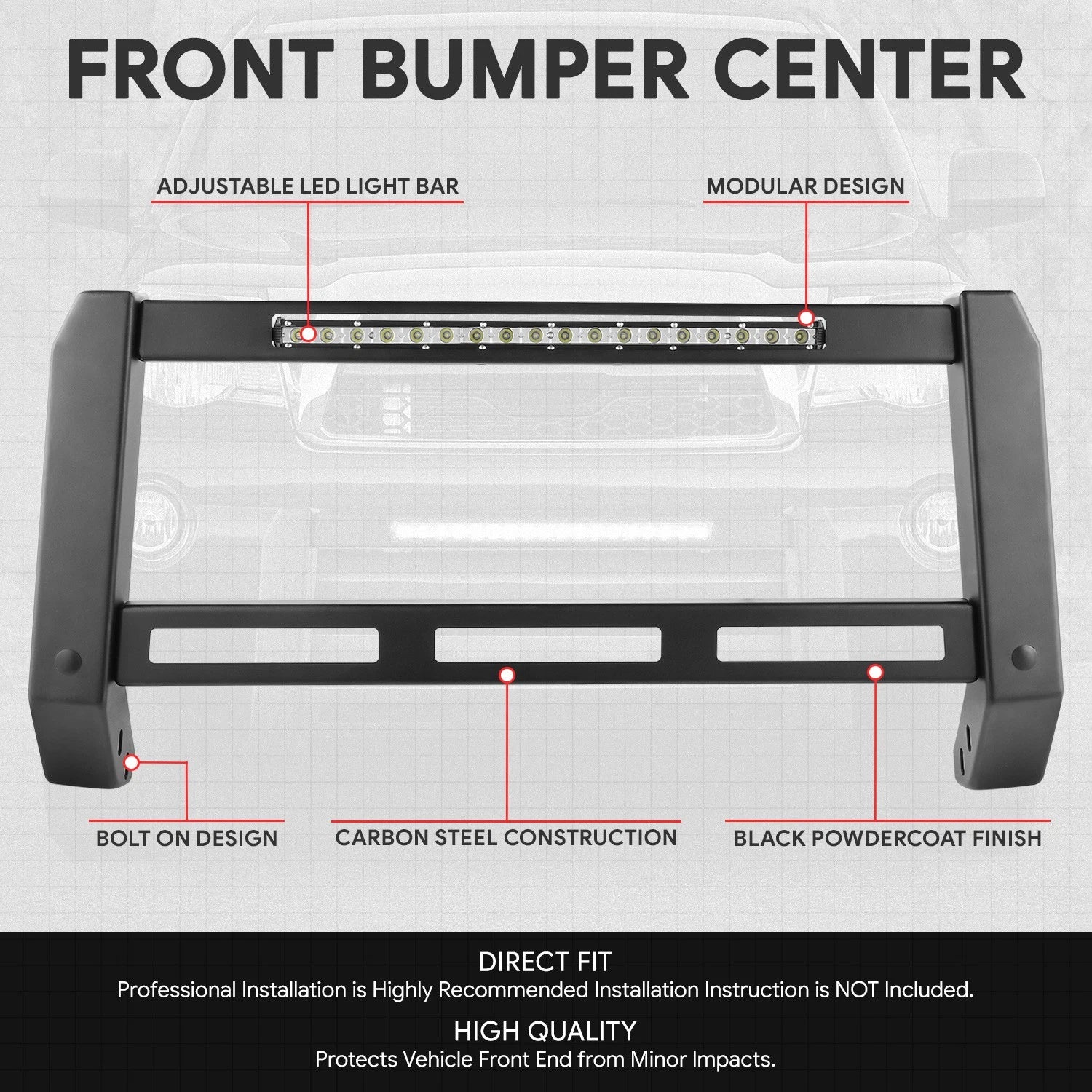 Front Bumper Grille Brush Guard Bull Bar for Toyota Tacoma (2005–2015) + LED Strip
