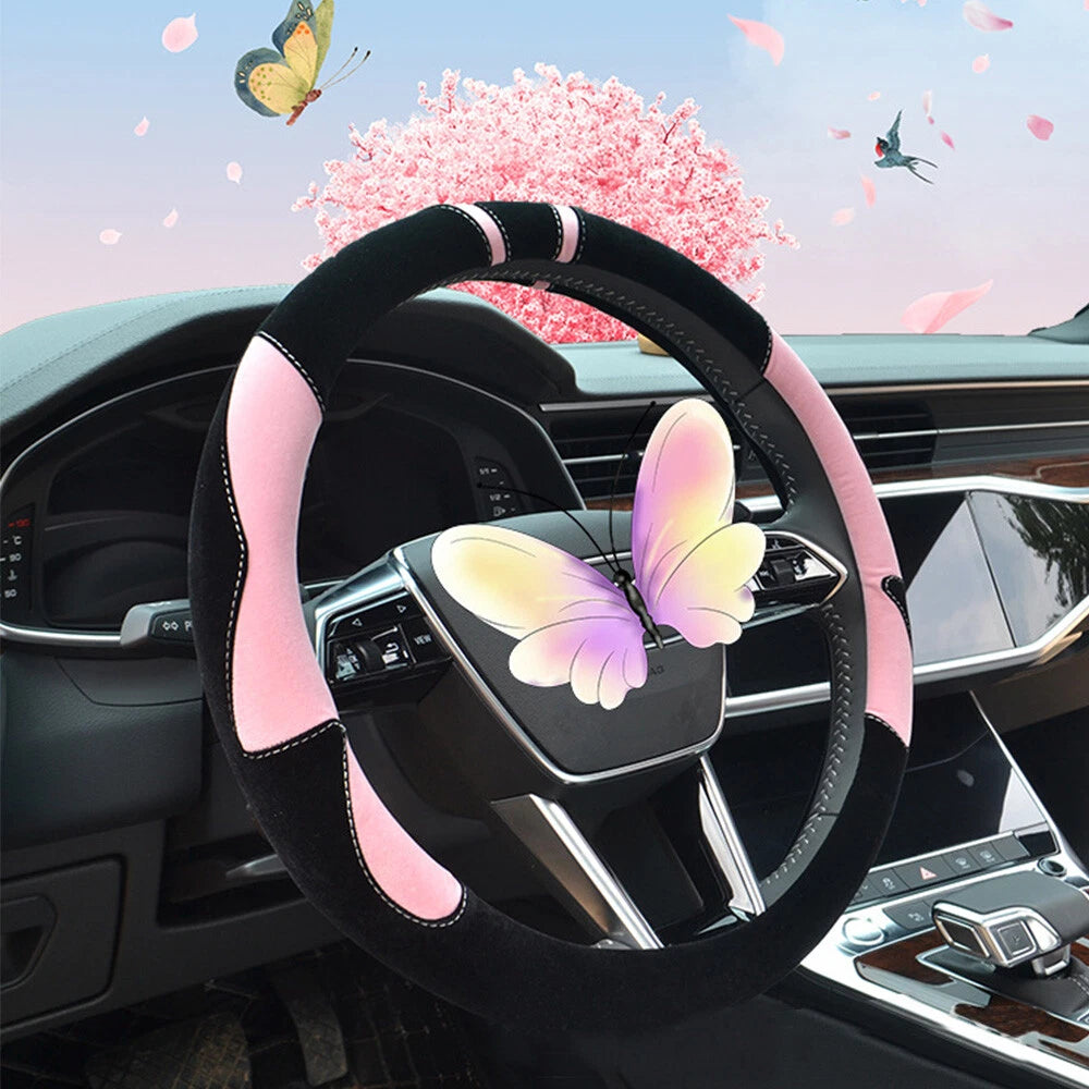 Plush Pink Steering Wheel Cover for Universal Fit (38CM)