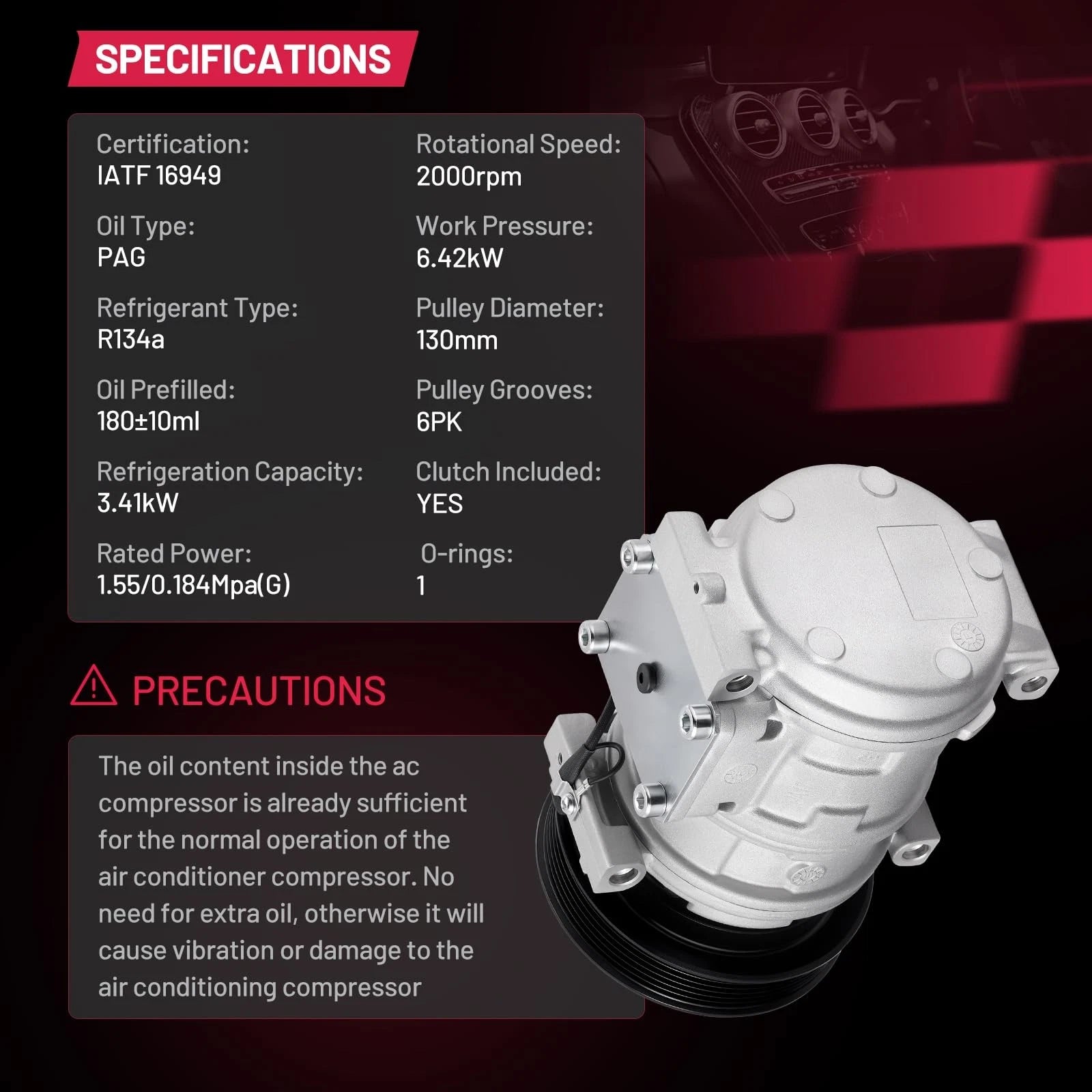 AC Compressor for Jeep Wrangler 1999, Grand Cherokee 1993–1998 4.0L