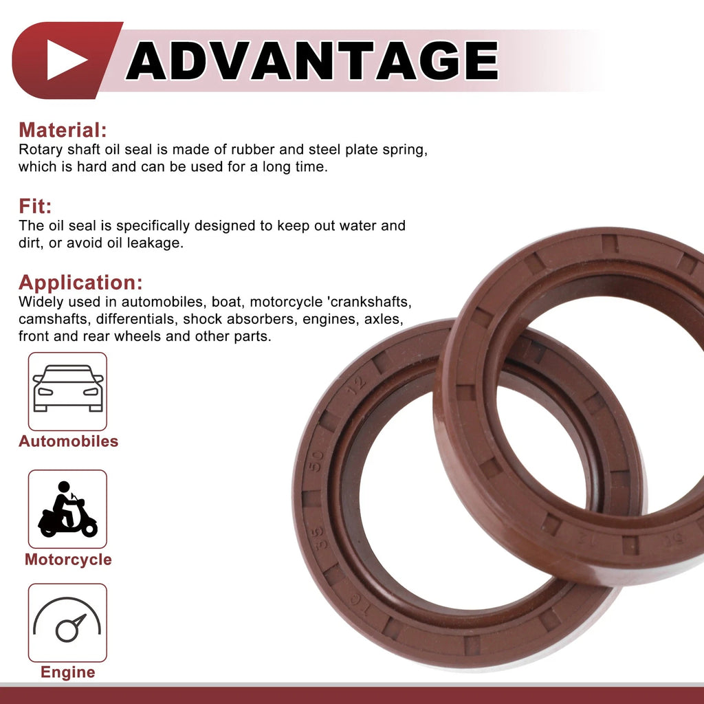 2X Oil Seal for Rotary Shaft (35x50x12mm) FKM Rubber Brown