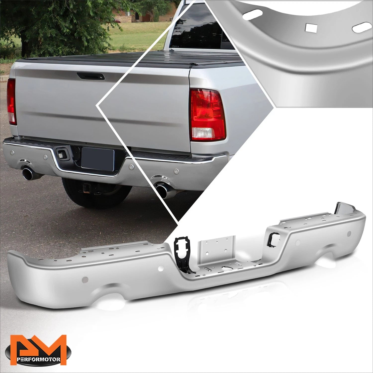 Rear Bumper for Dodge Ram 1500 (2009–2024) w/Dual Exhaust Cutouts, Sensor Holes