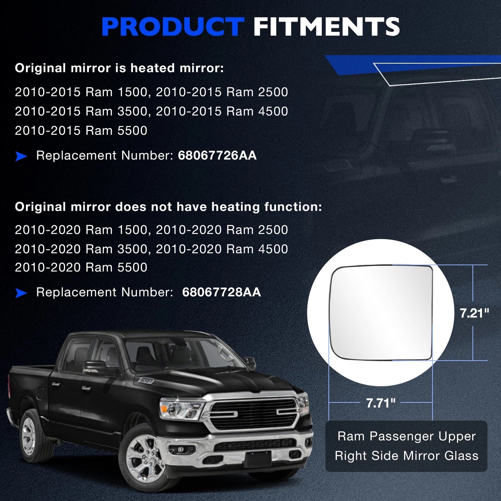 Passenger Side Mirror Glass with Holder for RAM 1500 (2010-2020)