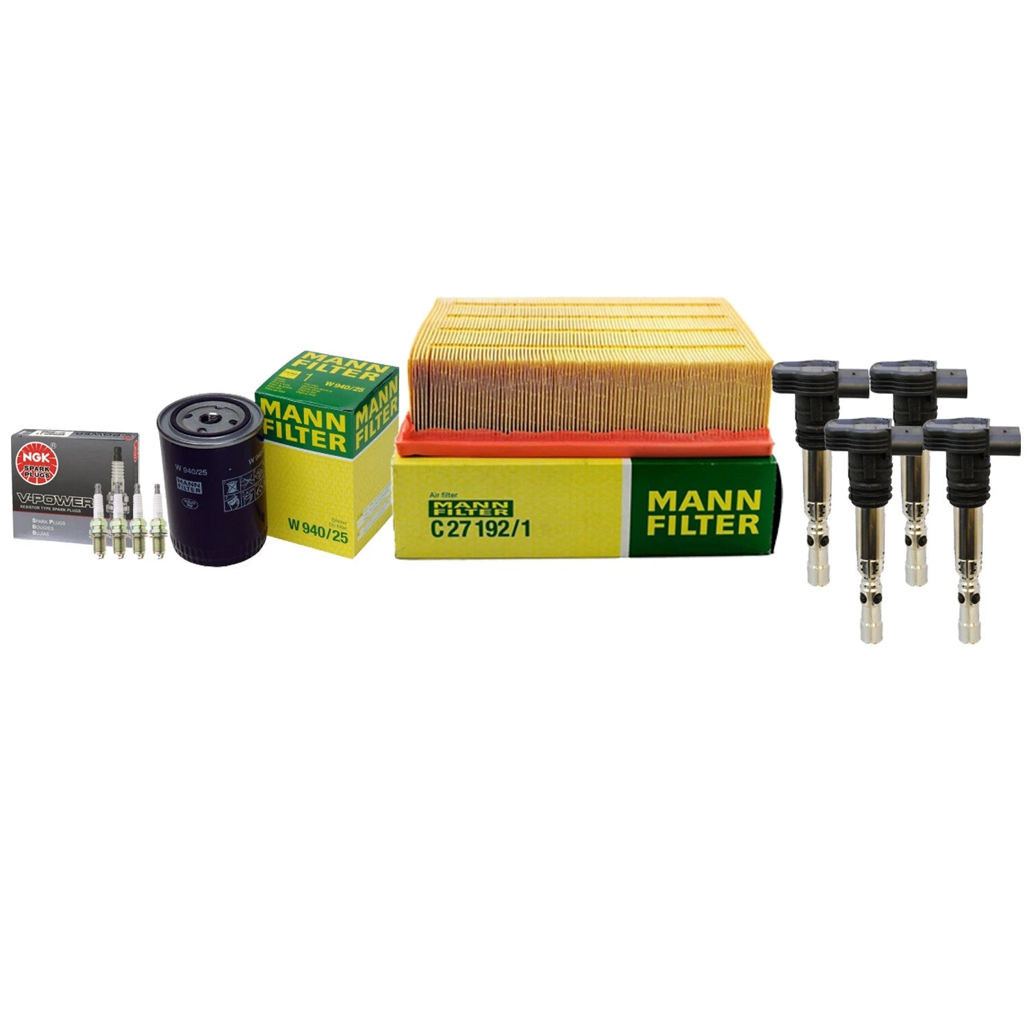 Tune Up Kit: 4 Mann Filters, 4 Denso Coils, 4 NGK V-Power Spark Plugs for Audi 1.8