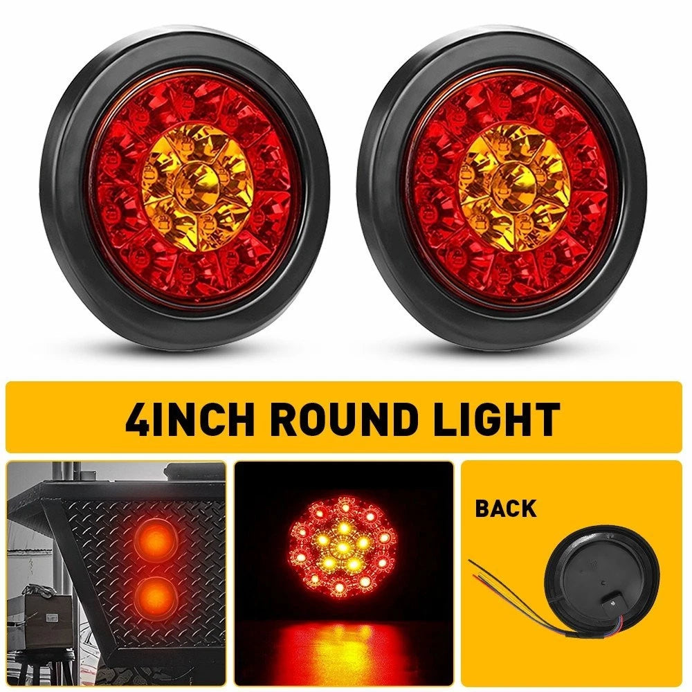 2X 4 Inch Round Red Amber 16 LED Truck Brake Trailer Stop Turn Signal Tail Light