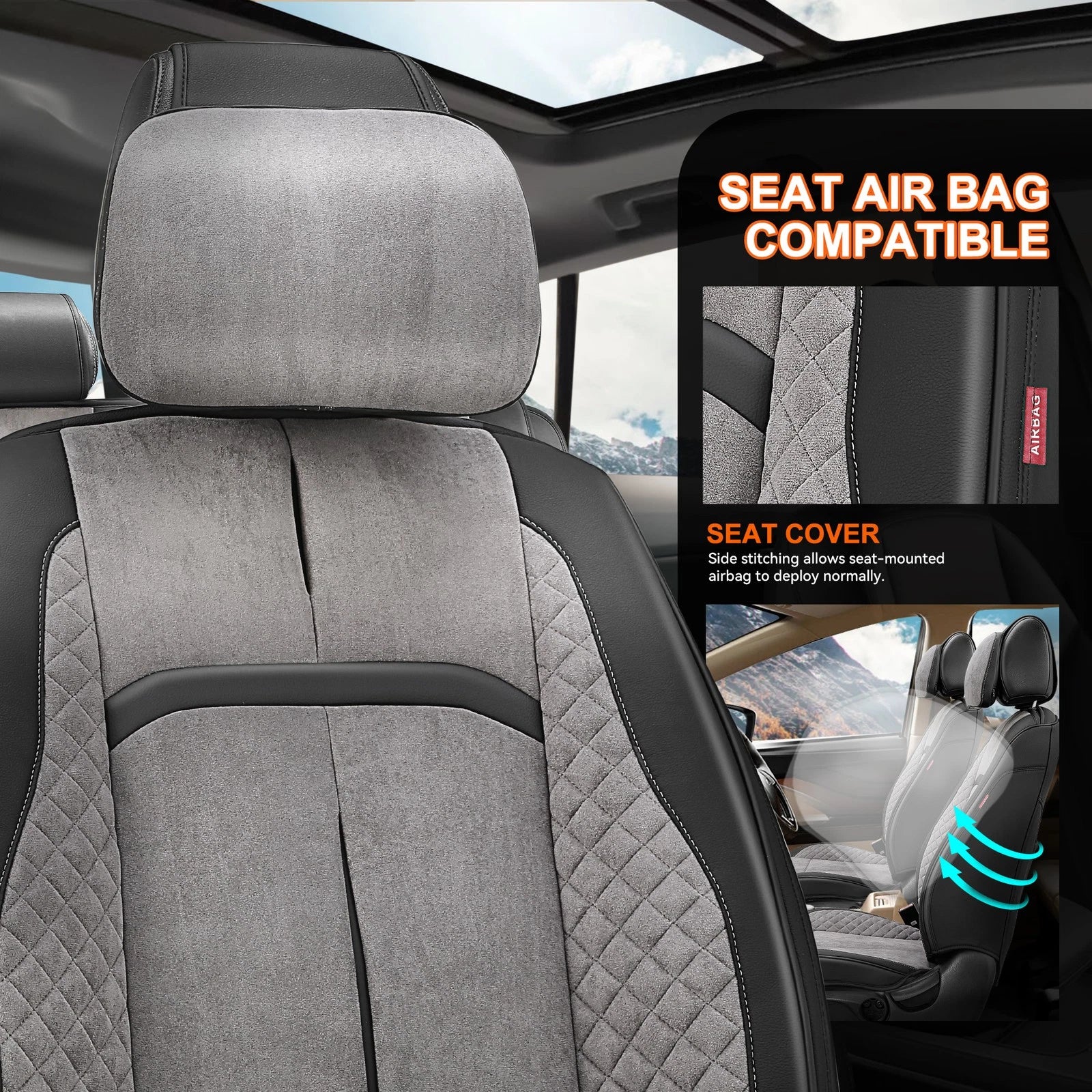Set of 2 Universal Seat Covers for Cars (1st & 2nd Row) - Grey
