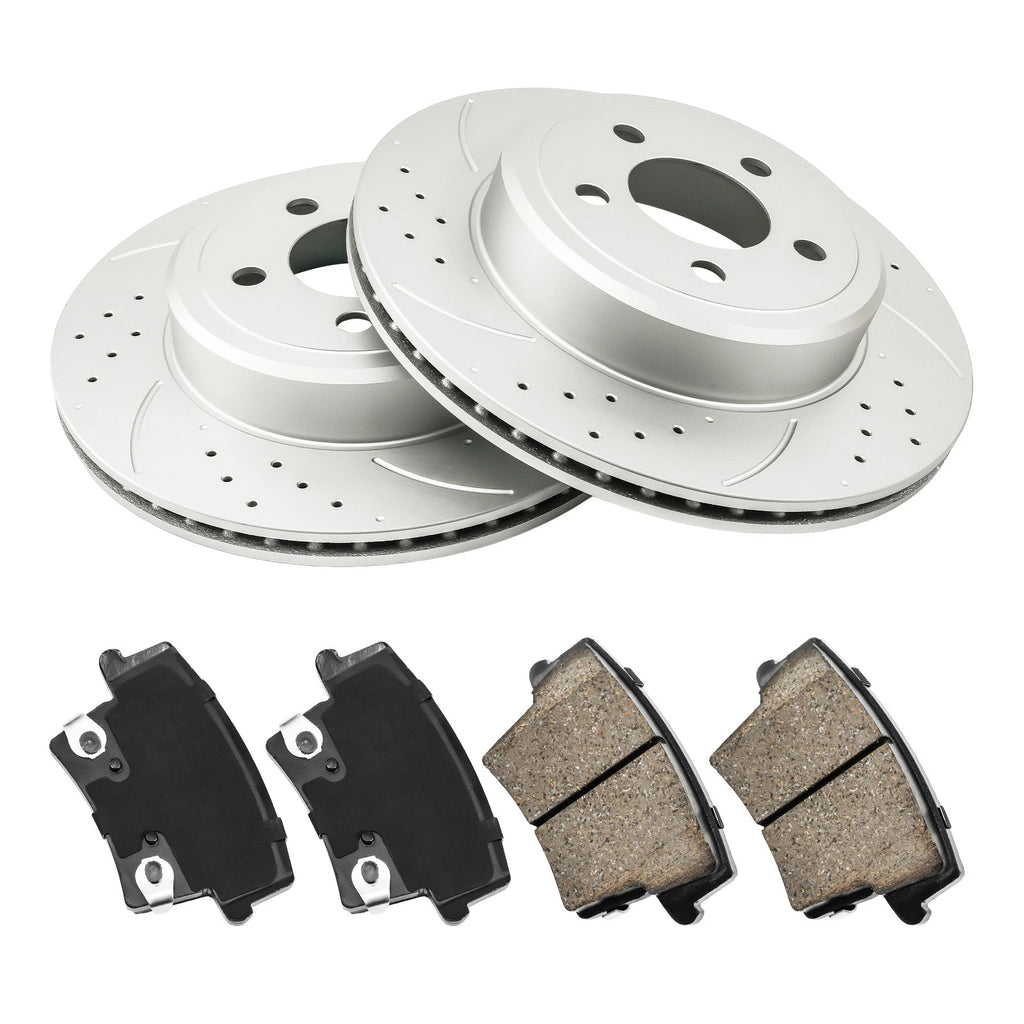 Rear Drilled Slotted Rotors and Pads for Chrysler 300 and Dodge Challenger (2011–2014)