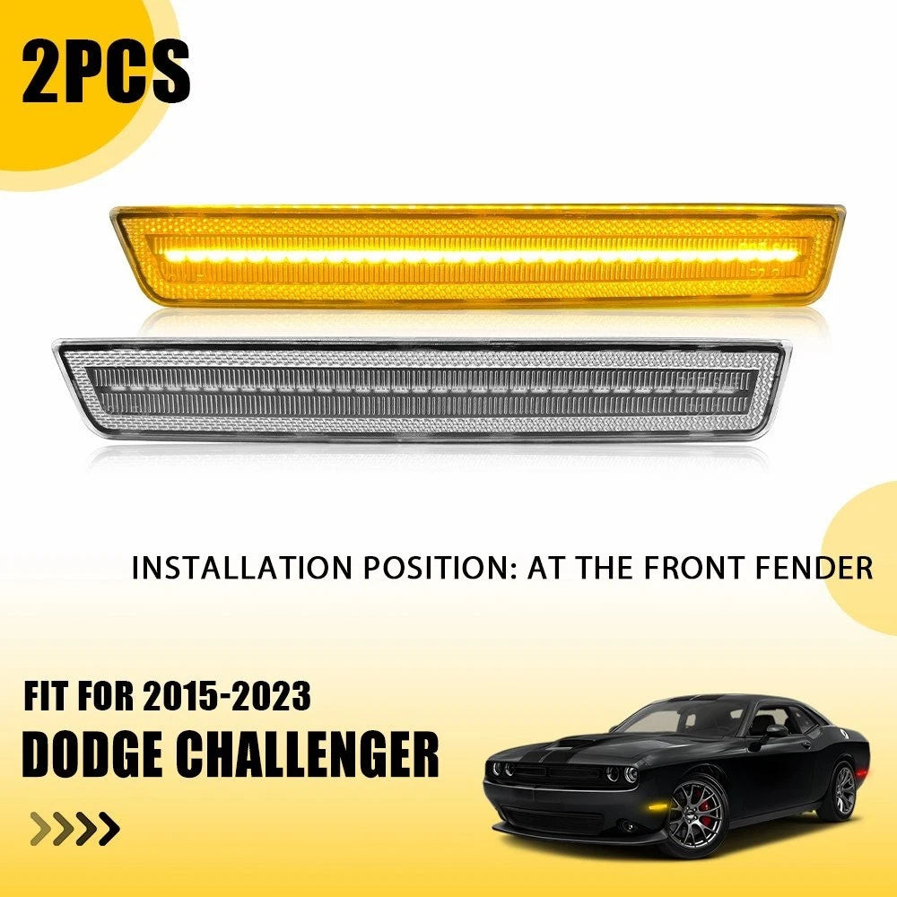 2X Clear Lens Amber LED Front Sidemarker Light for Dodge Challenger (2015–2023)