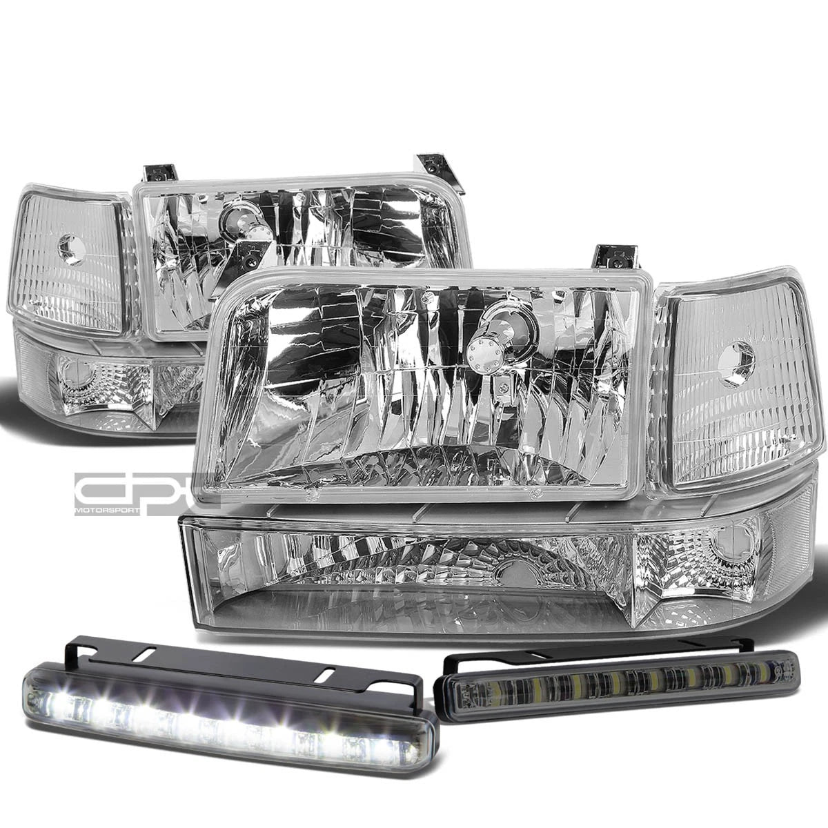 Chrome Housing Headlight + Clear Bumper + Corner + LED Fog Light Set for F150 (1992–1996)
