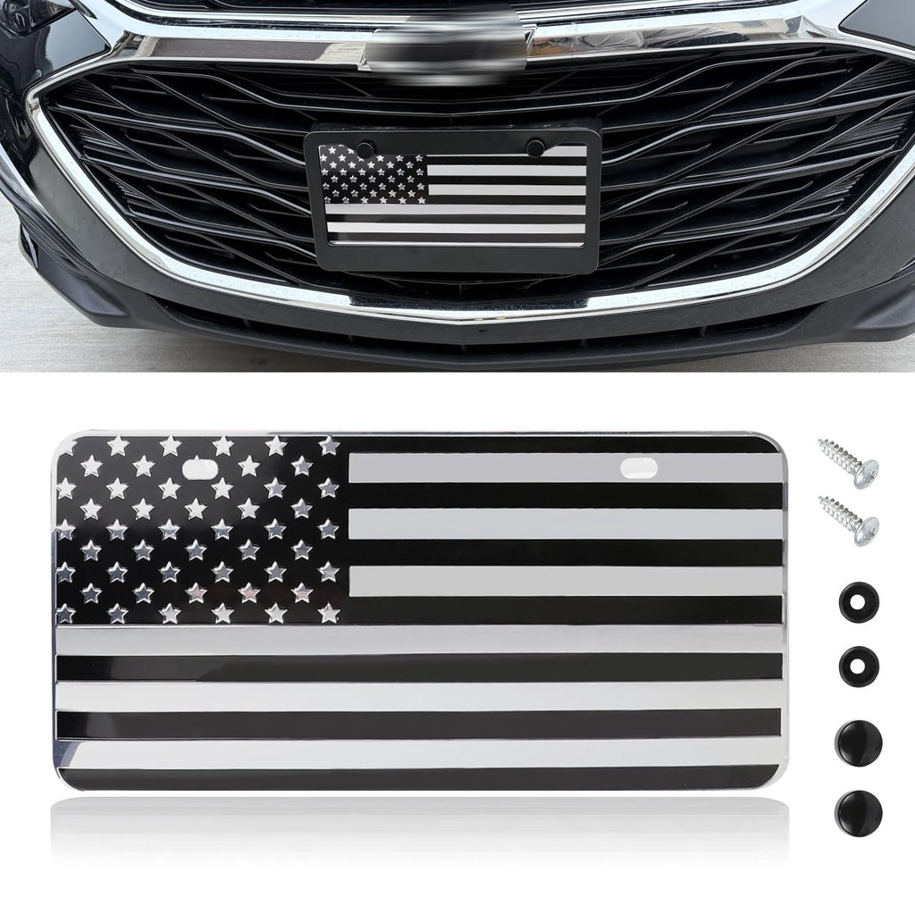 American Front Flag License Plate Vanity Embossed Silver for Universal Fit (—)
