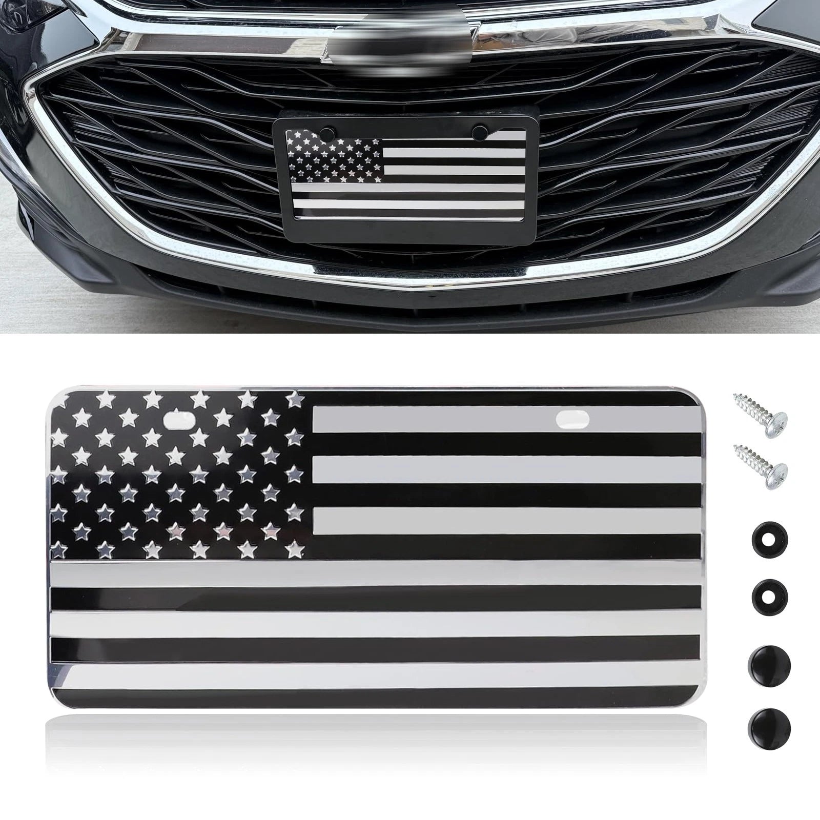 American Front Flag License Plate Vanity Embossed Silver for Universal Fit (—)