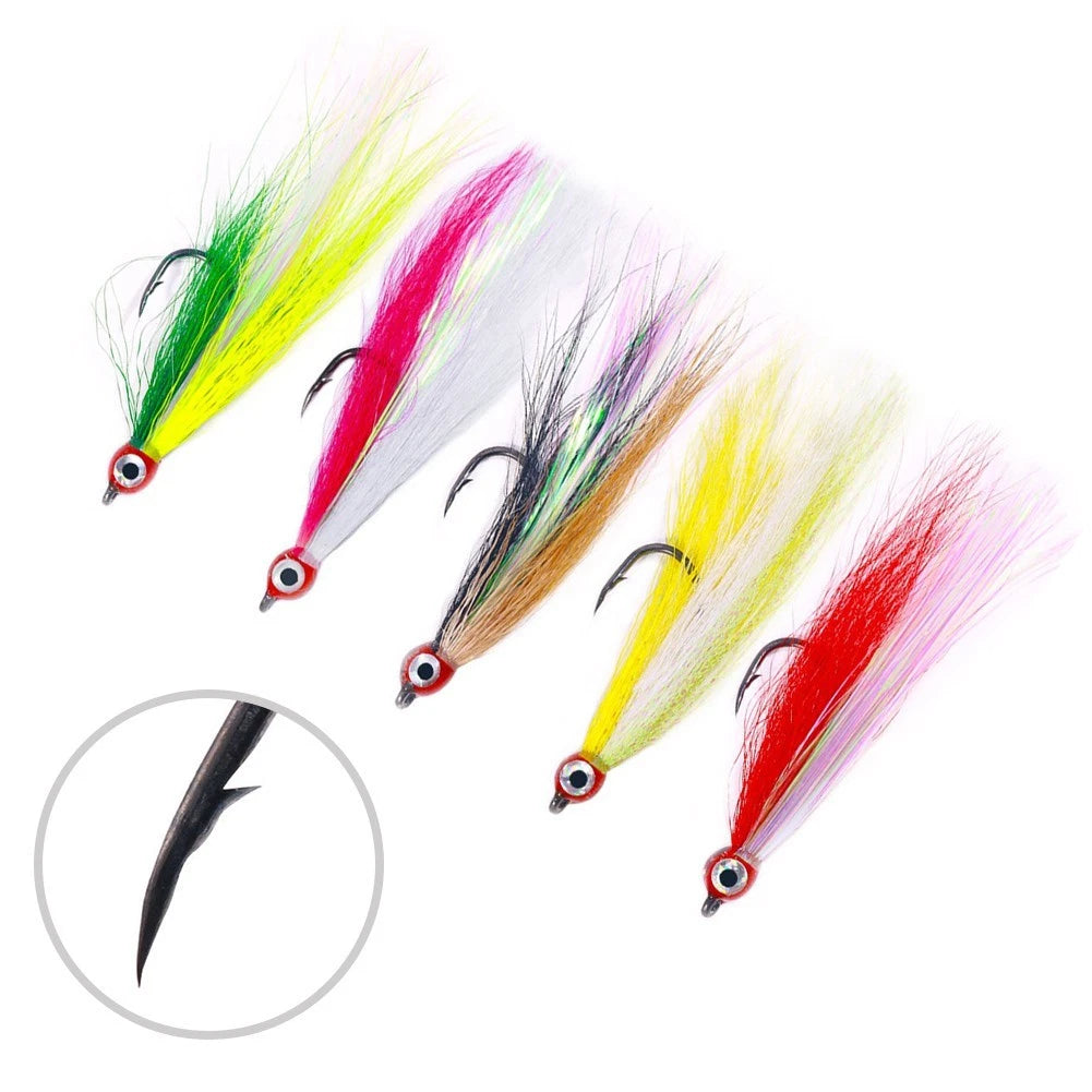 Set of 5 Bucktail Teaser Hooks with Feather Skirt for Fishing