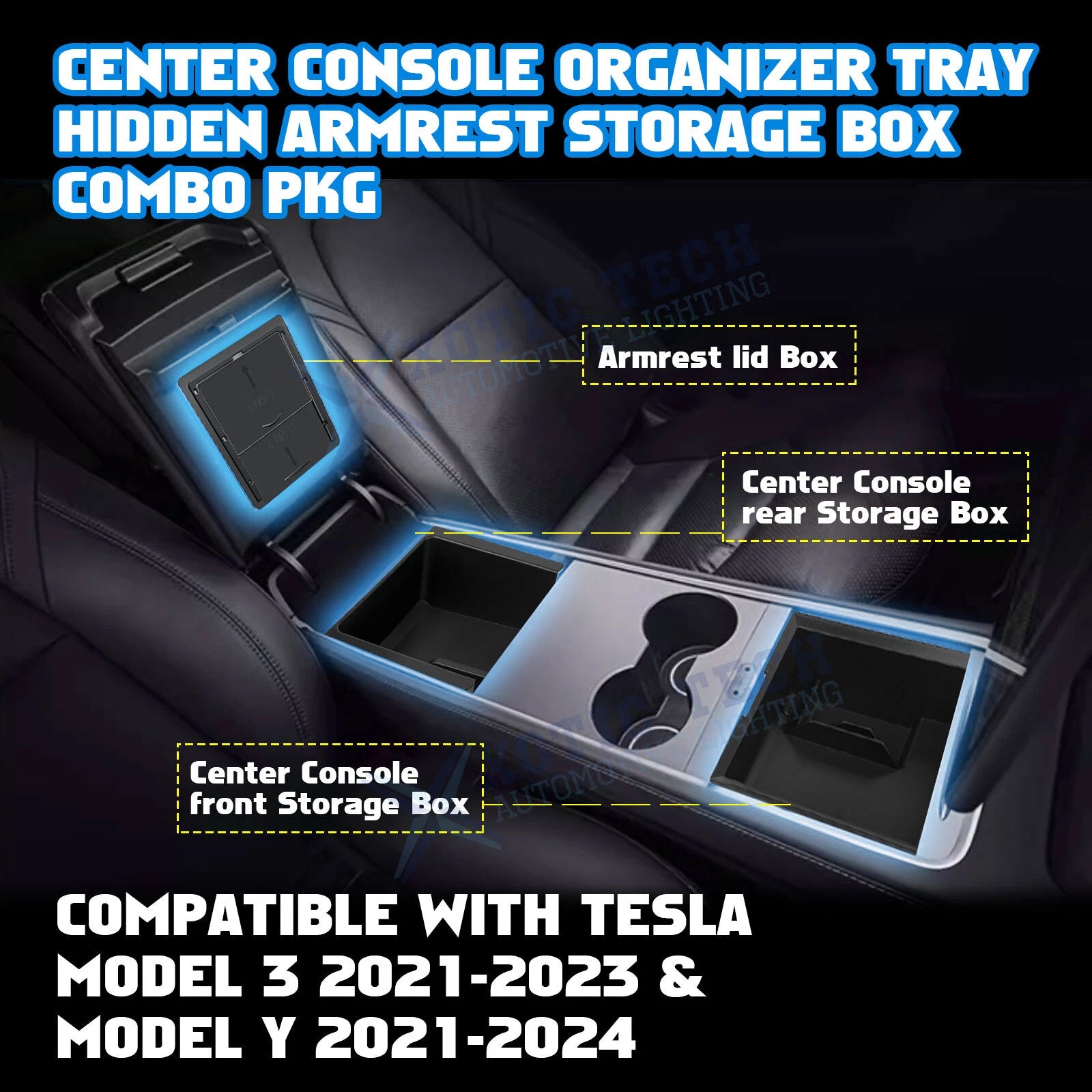 Center Console Organizer Tray Hidden Cubby for Tesla Model 3/Y (2020–2024)