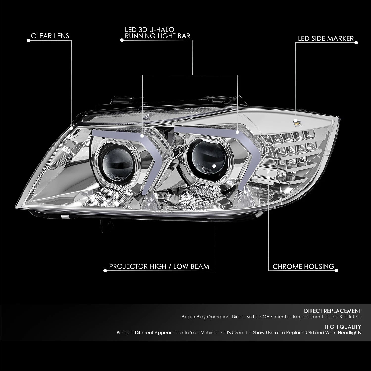 Chrome Clear LED Projector Headlight for BMW 323I (2005–2008)