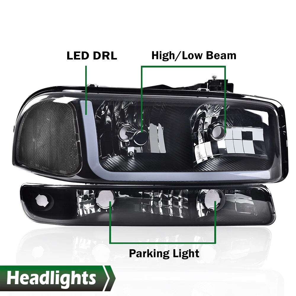 LED DRL Smoke Black Headlights & Bumper Lamps for GMC Sierra/Yukon (1999–2007)
