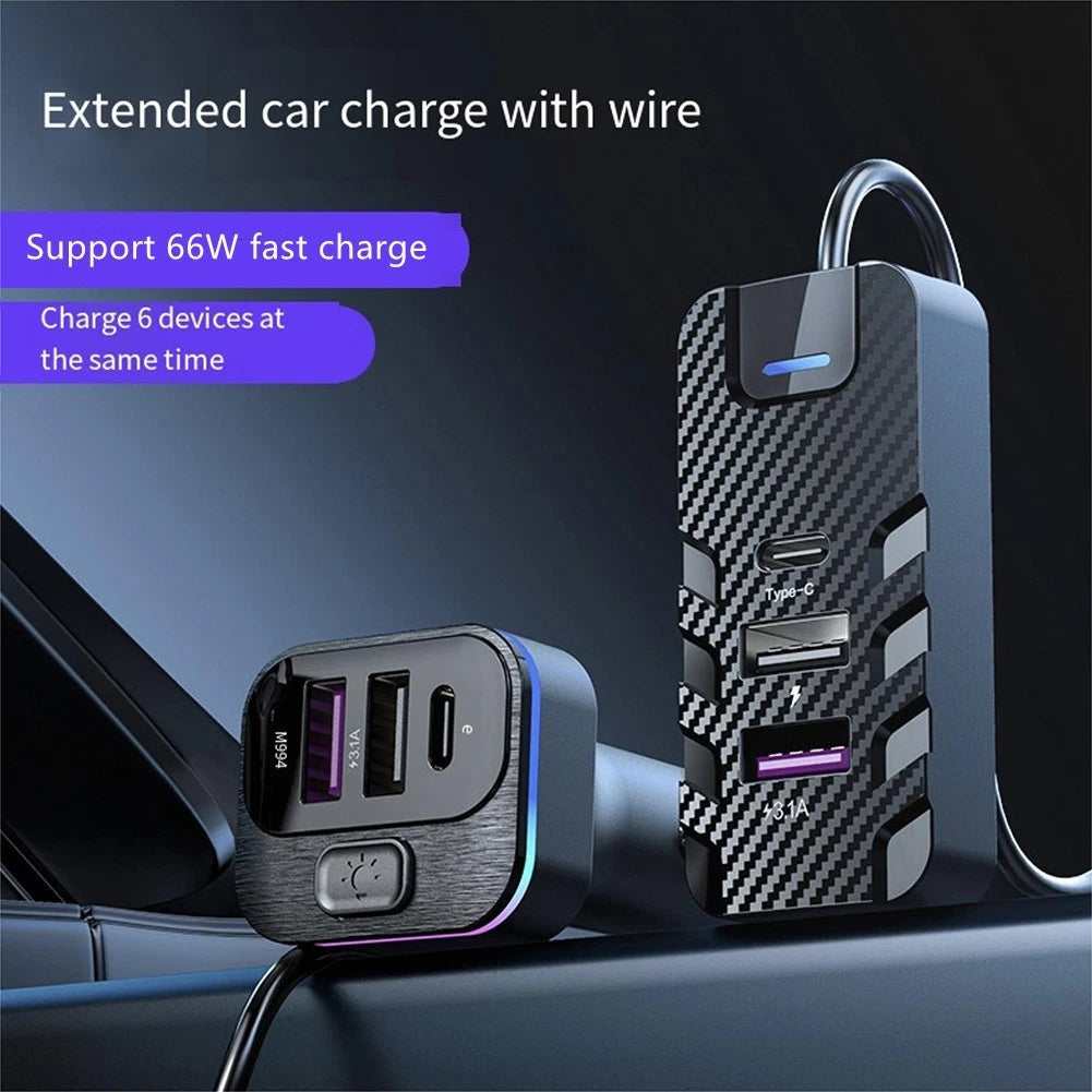 Fastest 6 Port USB Car Charger with 15m Extension Cable for Back Passengers