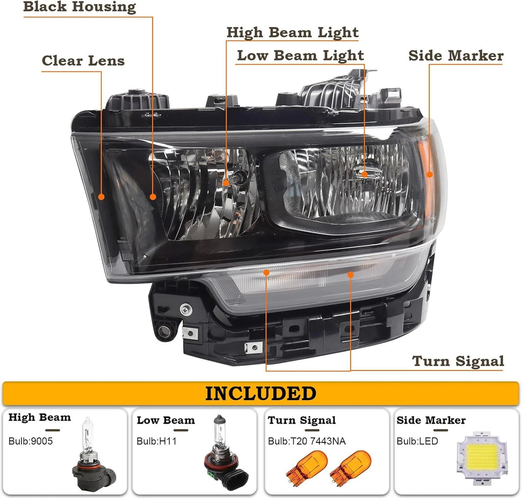 Left Headlight for Ram 2500 3500 (2019–2024) Halogen Black
