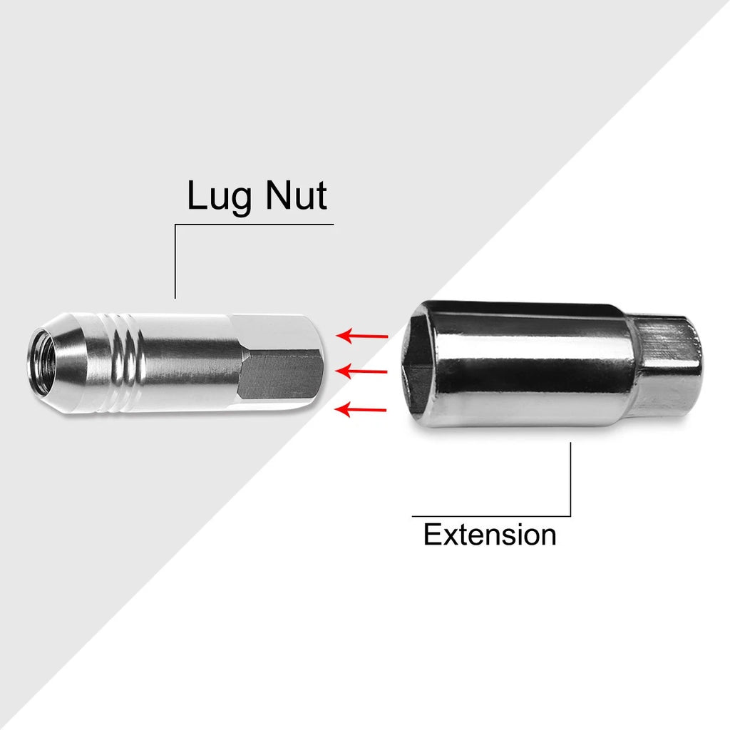Set of 20 M12X1.25 Silver JDM Open End Conical Hex Wheel Lug Nuts + 20mm Extension