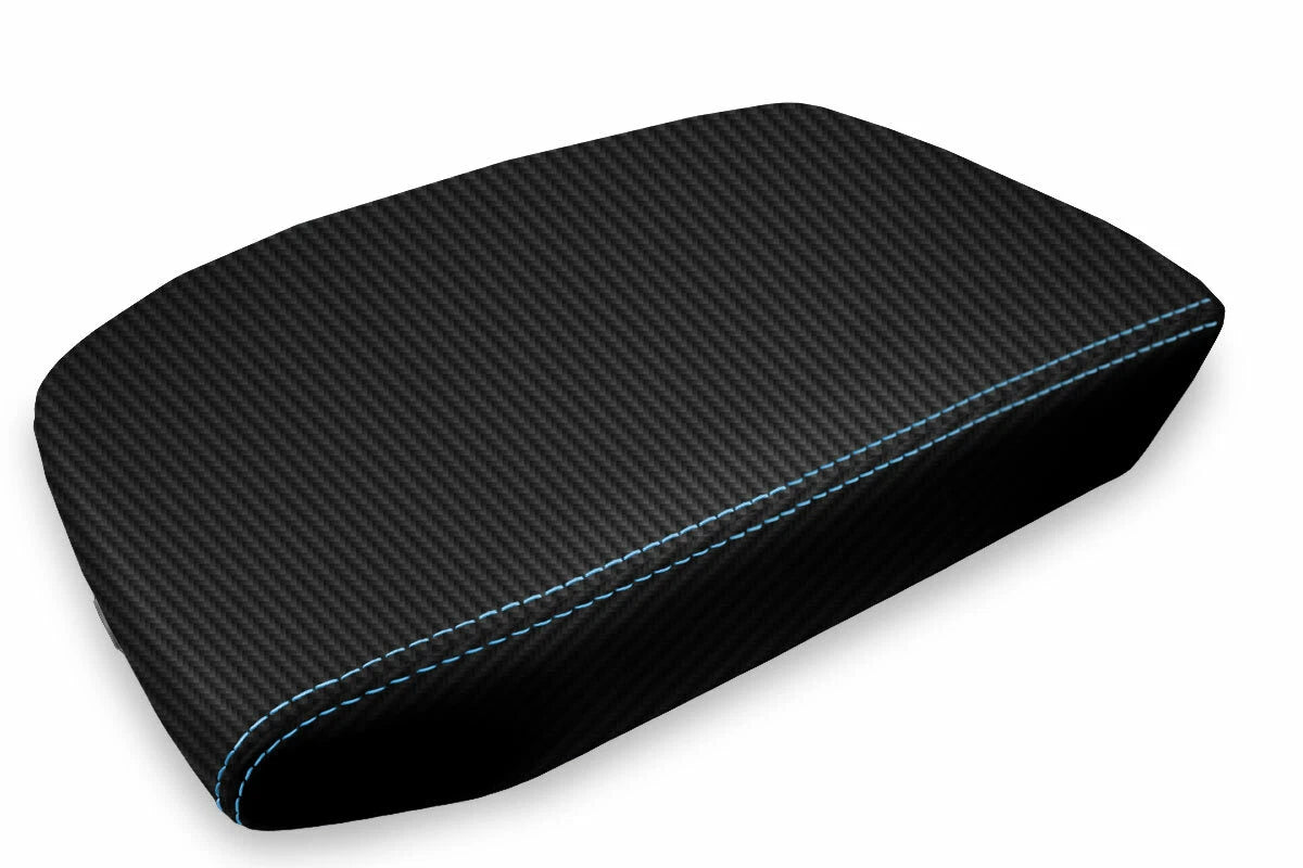 Console Lid Armrest Cover for Volkswagen Atlas (2018–2021) Carbon Fiber Blue Stitch