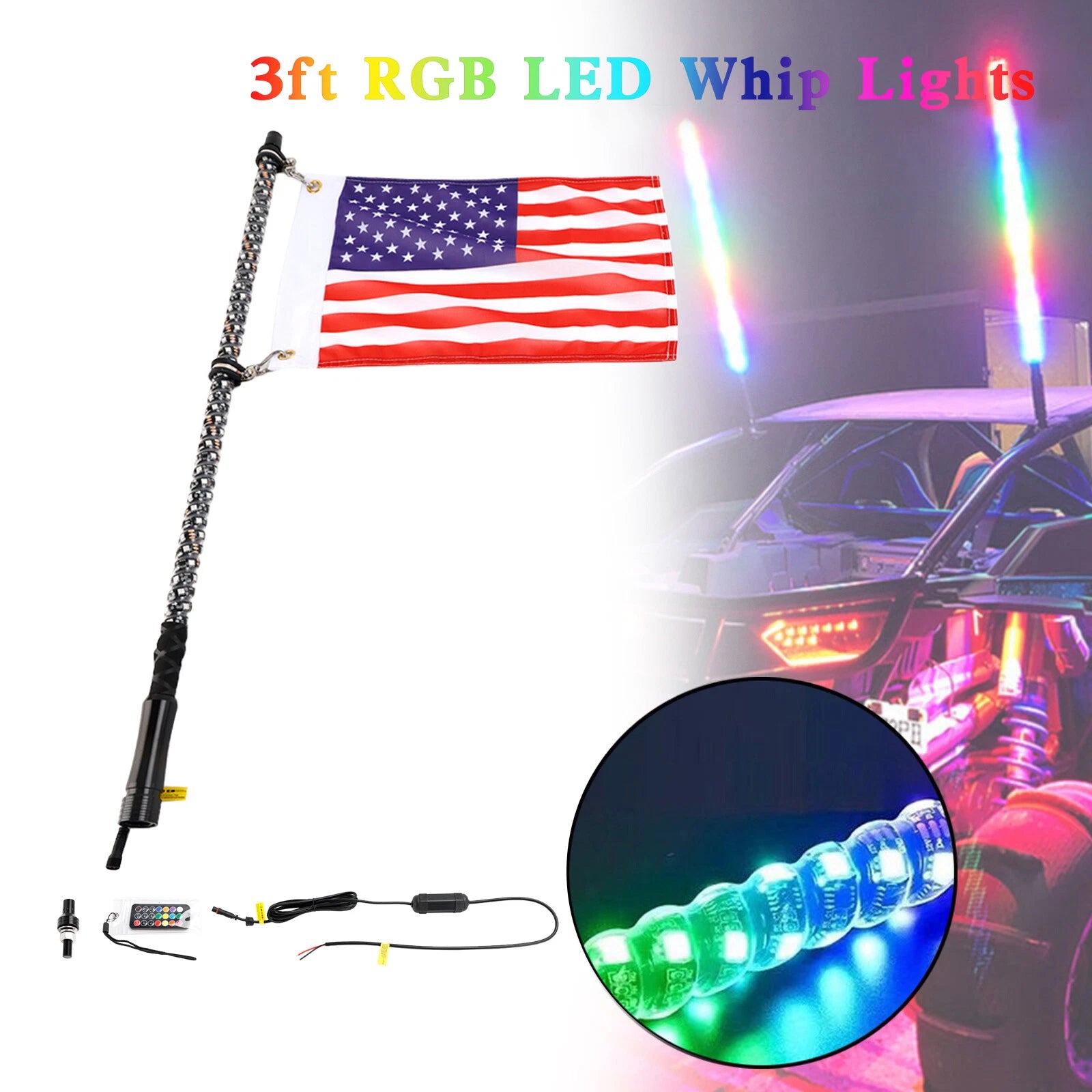 3ft RGB LED Whip Lights for Polaris UTV ATV (Remote Control)