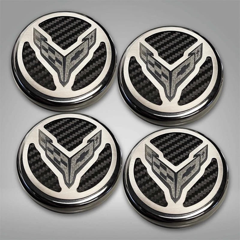 Black Carbon Fiber Cap Cover Set w/Cross Flag for 20-22 Chevy Corvette C8 Coupe