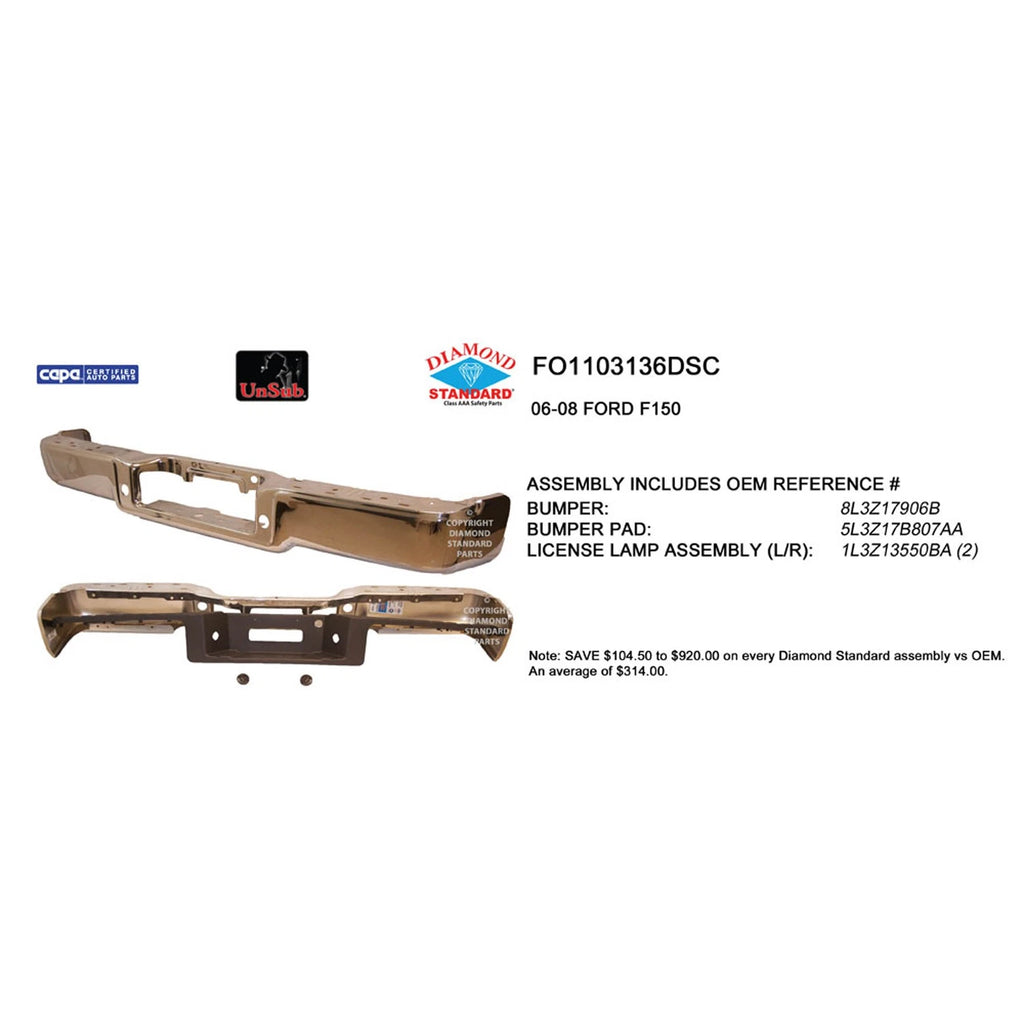 Replacement Chrome Steel Rear Step Bumper Assembly w/o Park Assist Sensor Holes