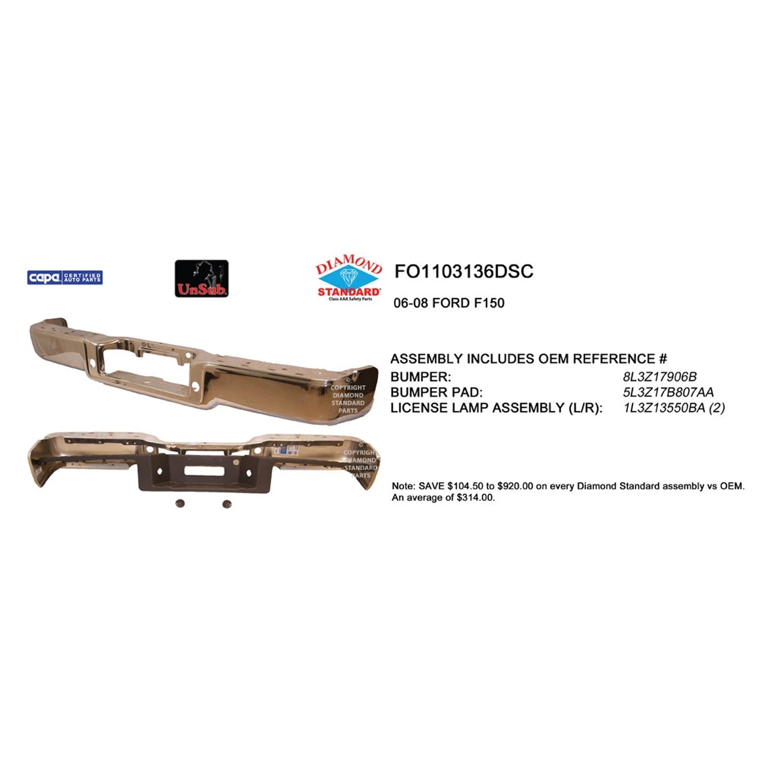 Replacement Chrome Steel Rear Step Bumper Assembly w/o Park Assist Sensor Holes