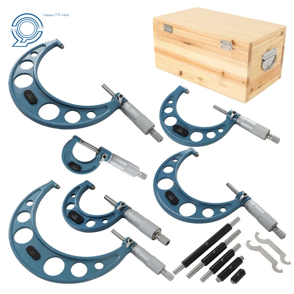 Set of 6 Precision Outside Micrometers 0-6" 0.0001" Carbide Standards