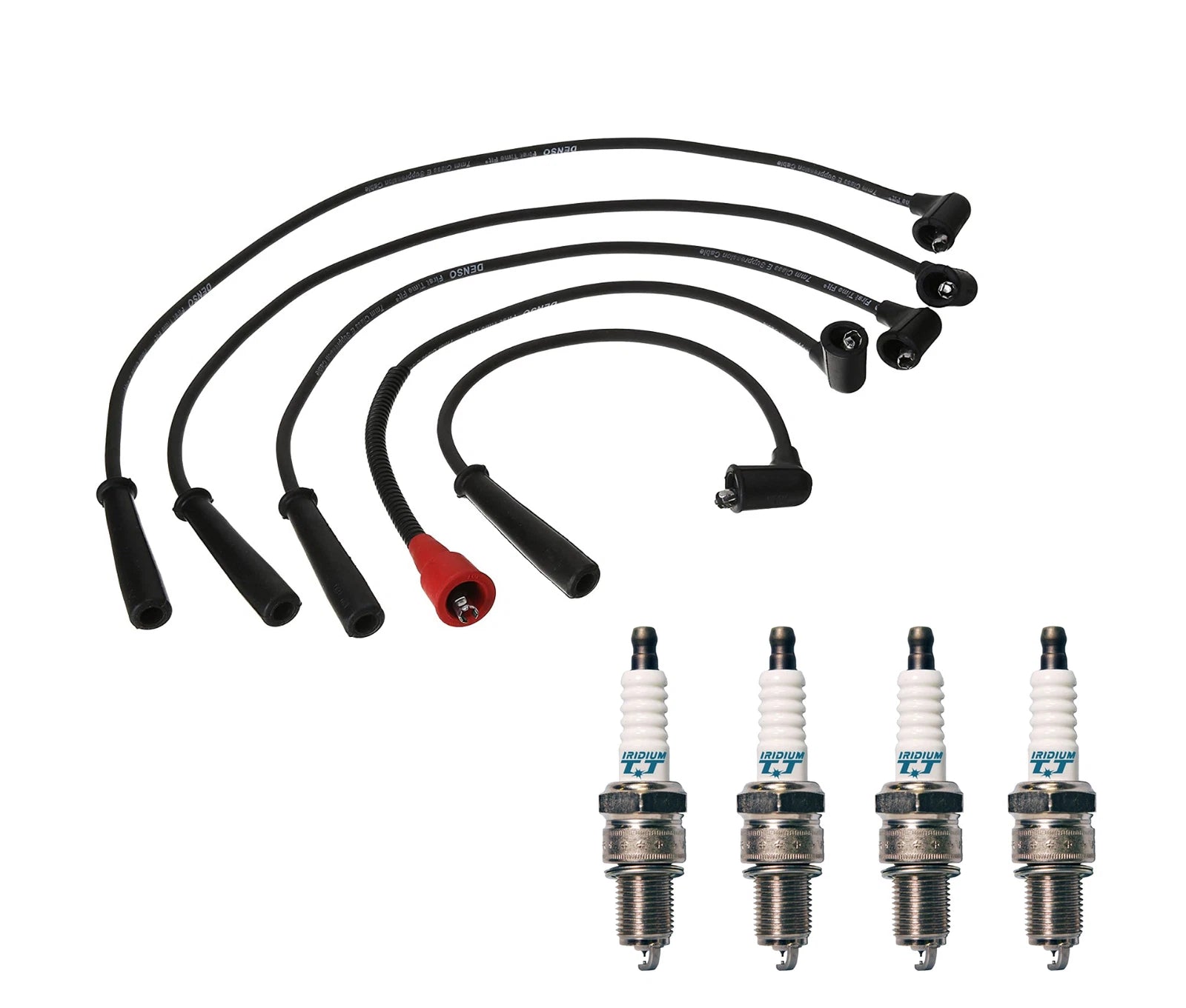 Denso 7mm Wire Set & 4 Iridium TT Spark Plugs for Mazda Nissan L4