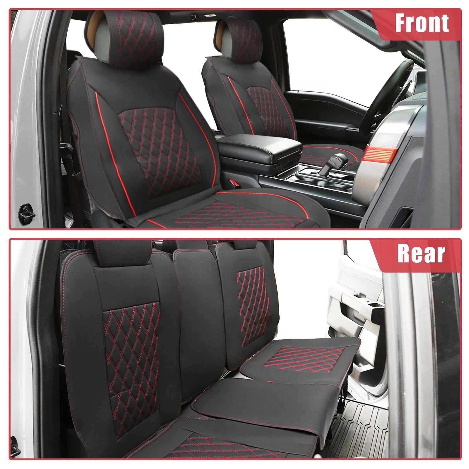Set of 5 Front Rear Seat Covers Pads for Dodge Ram 1500 (2009–2023) Black Red