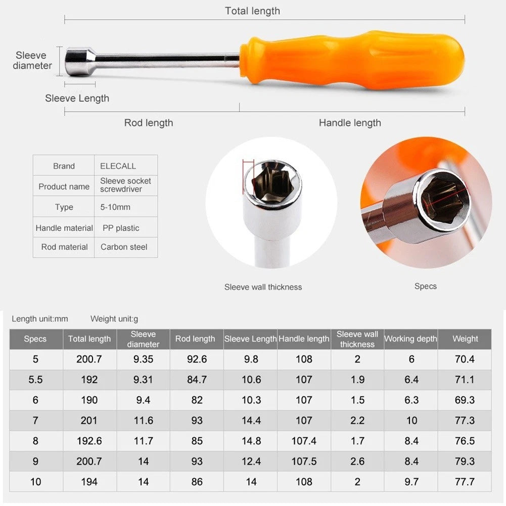 Screwdriver Socket Wrench Set 5/5.5/6/7/8/9/10mm for (190-200mm)