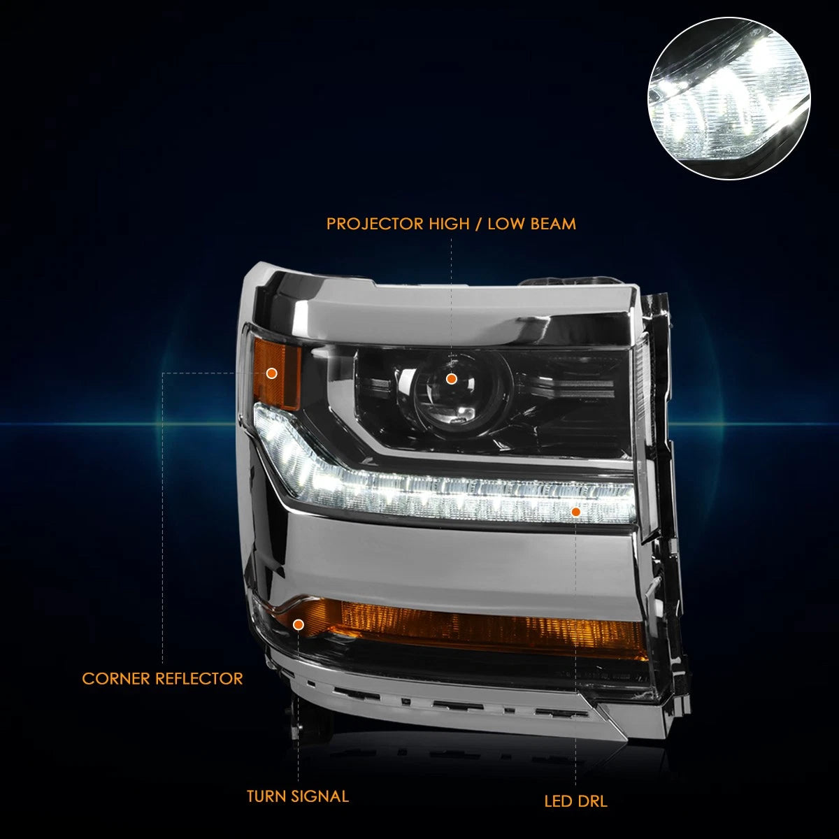 OE Style LED DRL Projector Headlight Right Side for Silverado/Sierra (2016–2019)