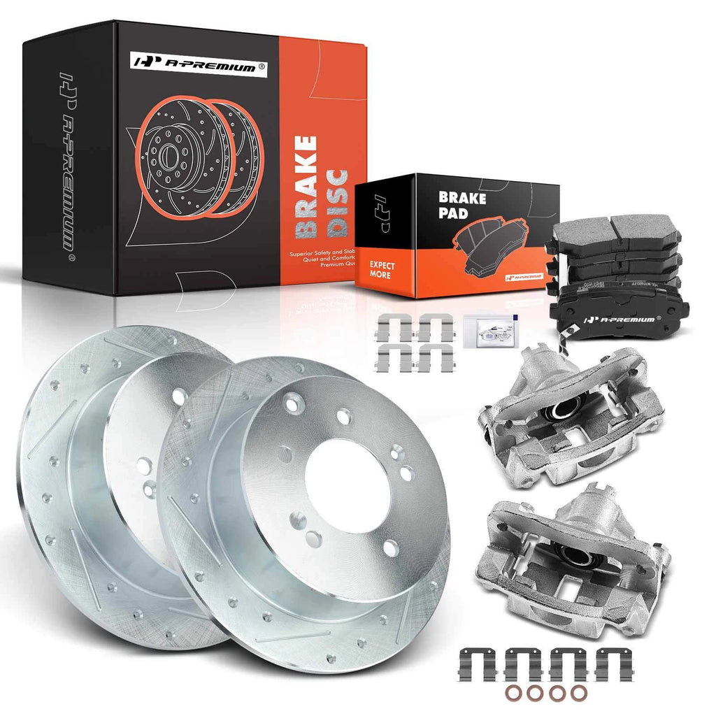Set of 8 Rear Drilled Brake Rotors, Pads & Calipers for Kia Forte (2010–2013)