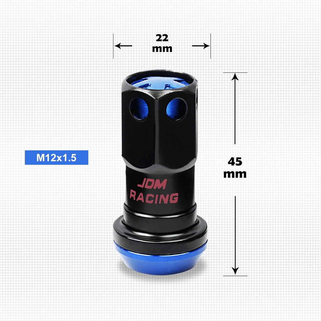 20Pc M12X1.5 Blue Closed End Lug Nuts + Spline Locks + Key + 22mm Extension for JDM