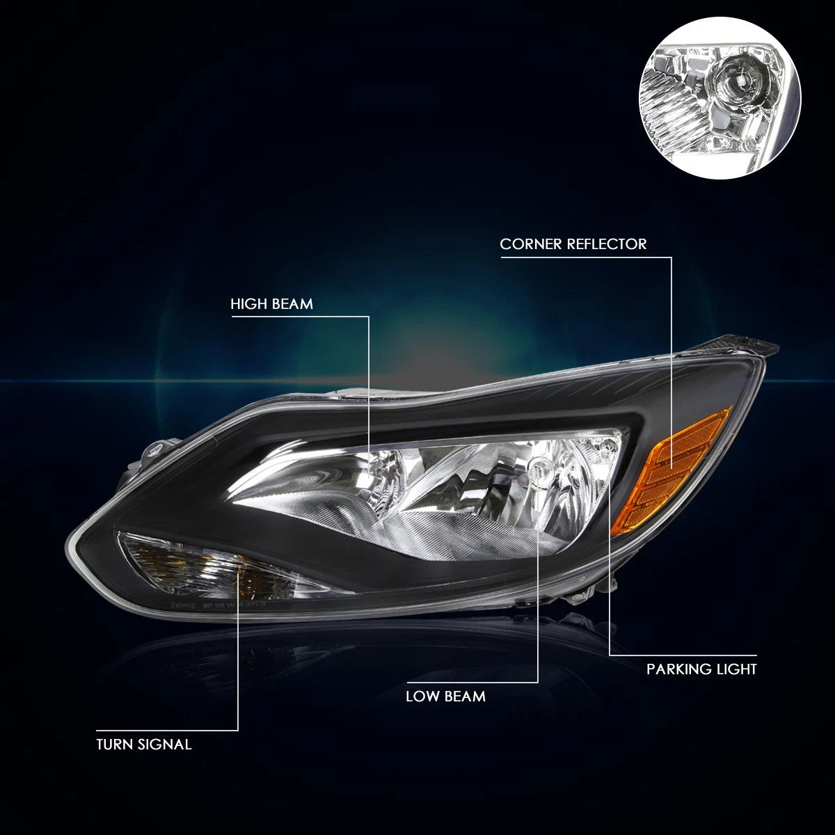 Set of 2 Black Housing Headlights with Amber Corner Signal for Ford Focus (2012–2014)