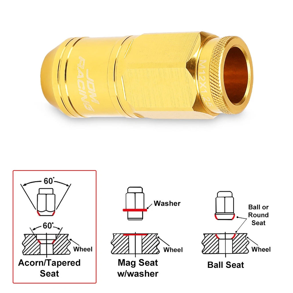 20Pc M12X1.25 Gold JDM Open End Cone Wheel Lug Nuts + Spline Locks + Key