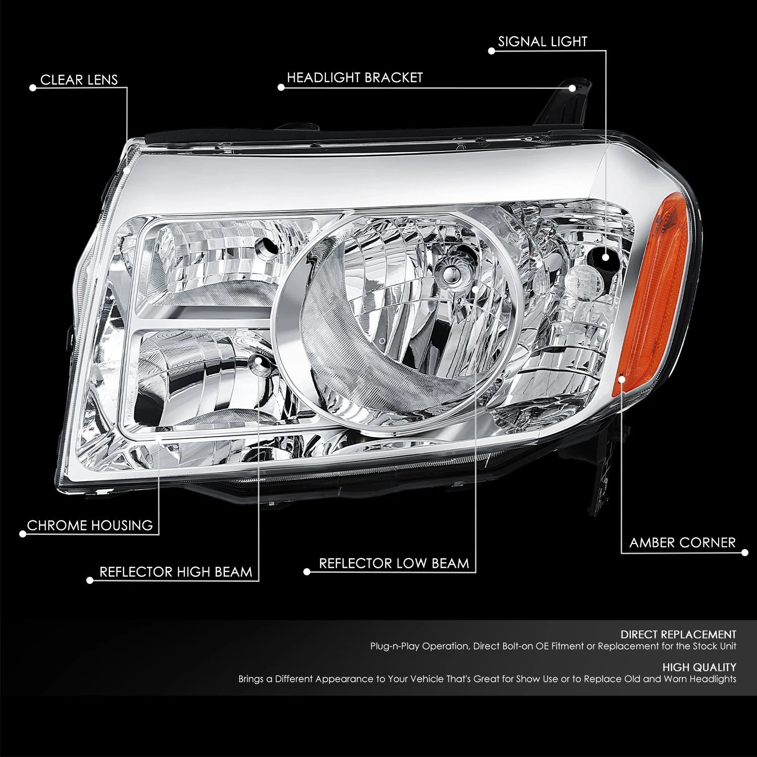 Left Driver Side Chrome Housing Headlight Lamp for Honda Pilot (2009–2011)