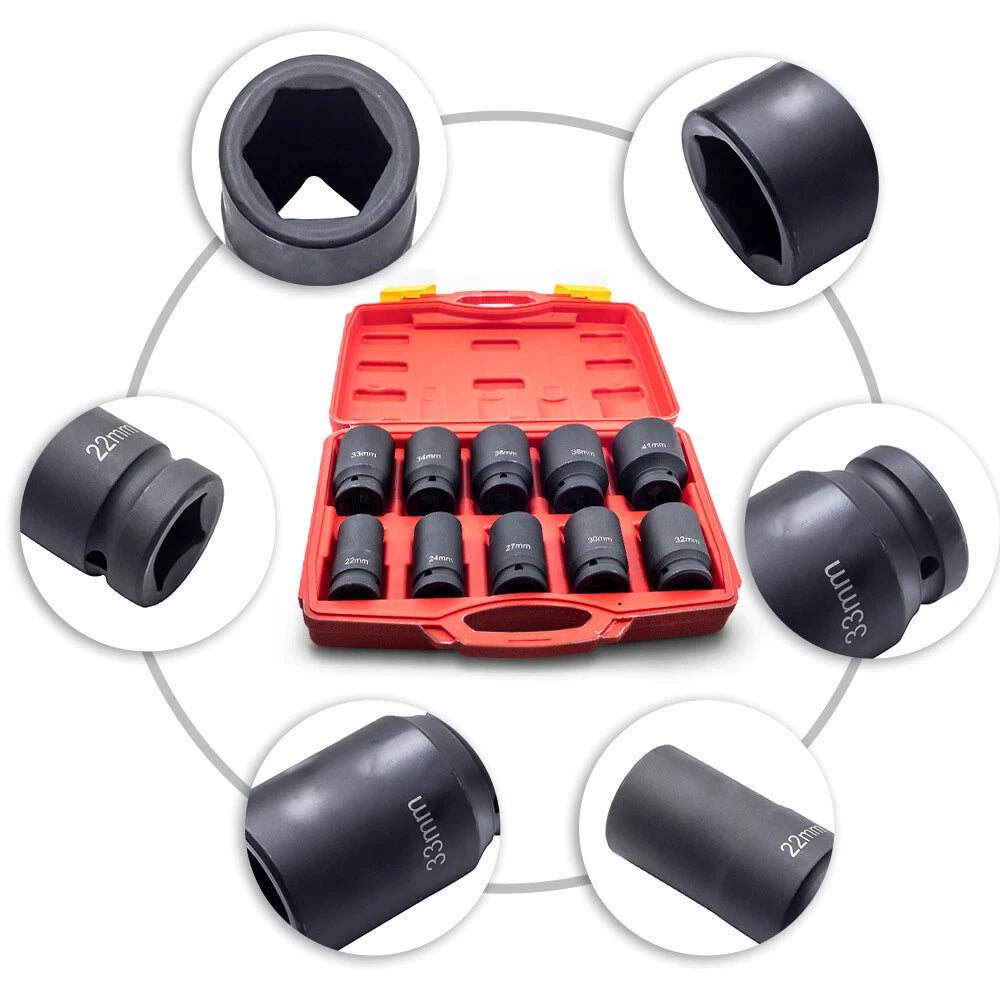 Set of 10 Deep Impact Sockets for Metric Vehicles (22mm-41mm)