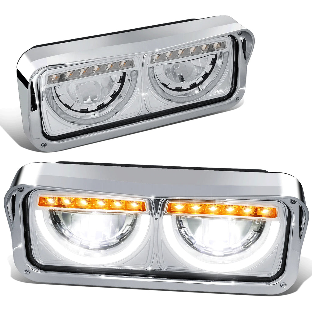Chrome Full LED Halo Ring DRL Signal Headlights for Freightliner Kenworth (1981–2019)